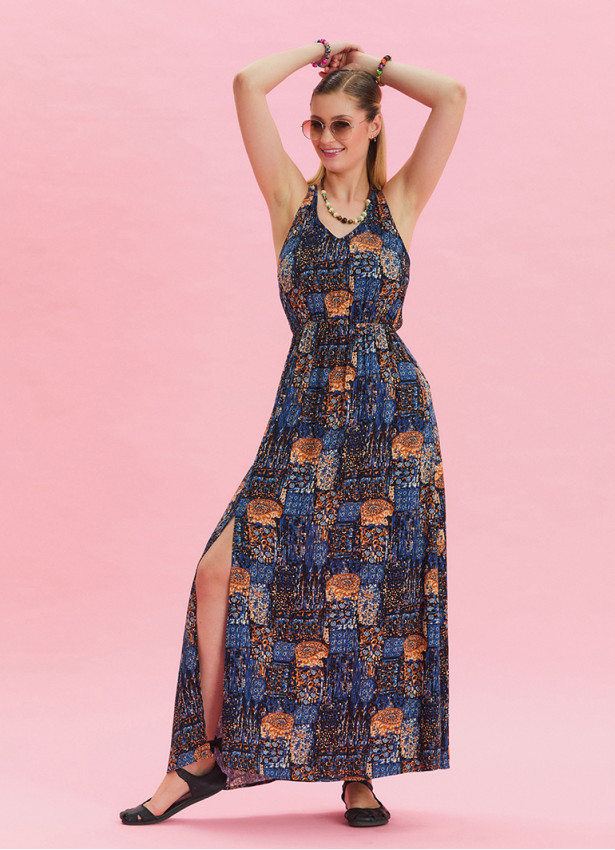 V Neck Slit Blue Casual Dress 4644